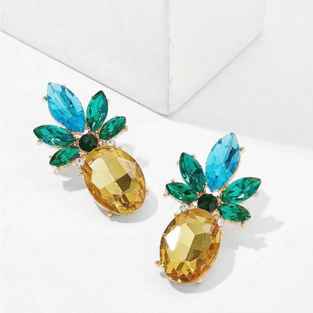 Betsey Johnson Yellow & Teal Crystal Pineapple Drop Earrings